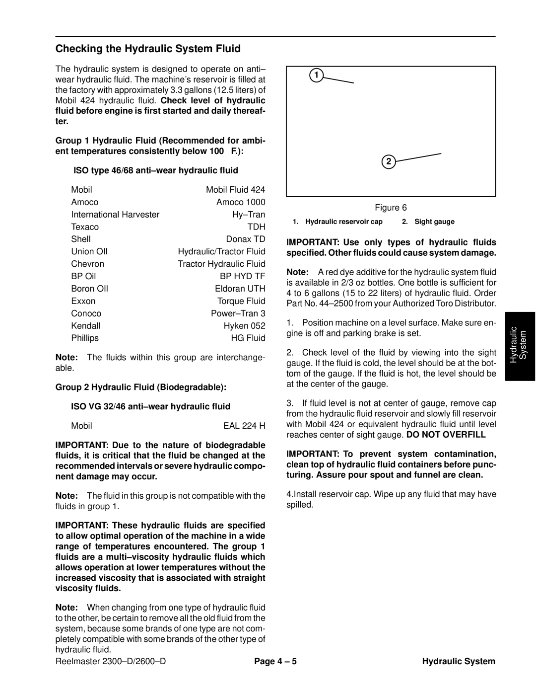 Toro 2600D, 2300-D service manual Checking the Hydraulic System Fluid, Bp Hyd Tf 