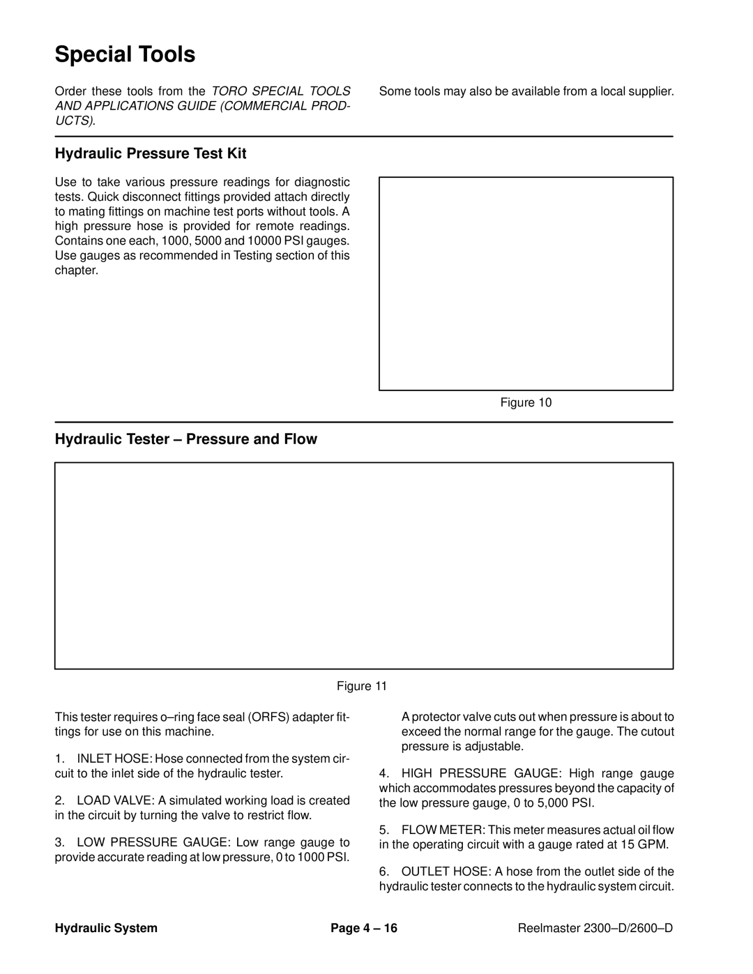 Toro 2300-D, 2600D service manual Hydraulic Pressure Test Kit, Hydraulic Tester ± Pressure and Flow 