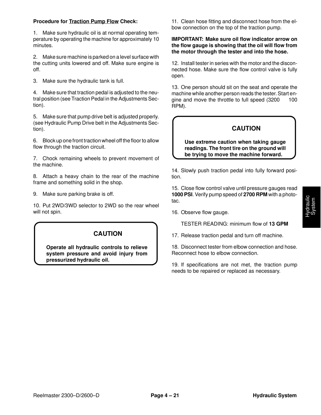 Toro 2600D, 2300-D service manual Procedure for Traction Pump Flow Check 