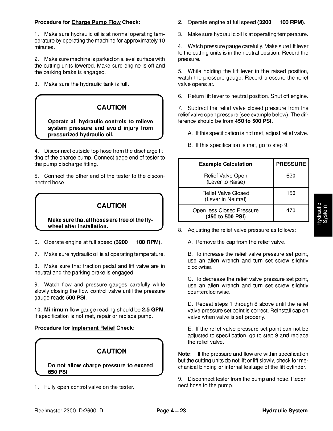 Toro 2600D, 2300-D service manual Procedure for Charge Pump Flow Check, Example Calculation, 450 to 500 PSI 