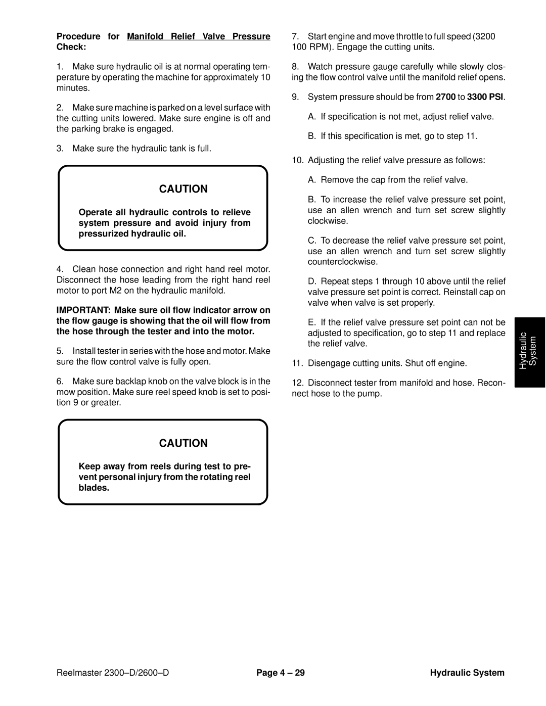 Toro 2600D, 2300-D service manual Procedure for Manifold Relief Valve Pressure Check 