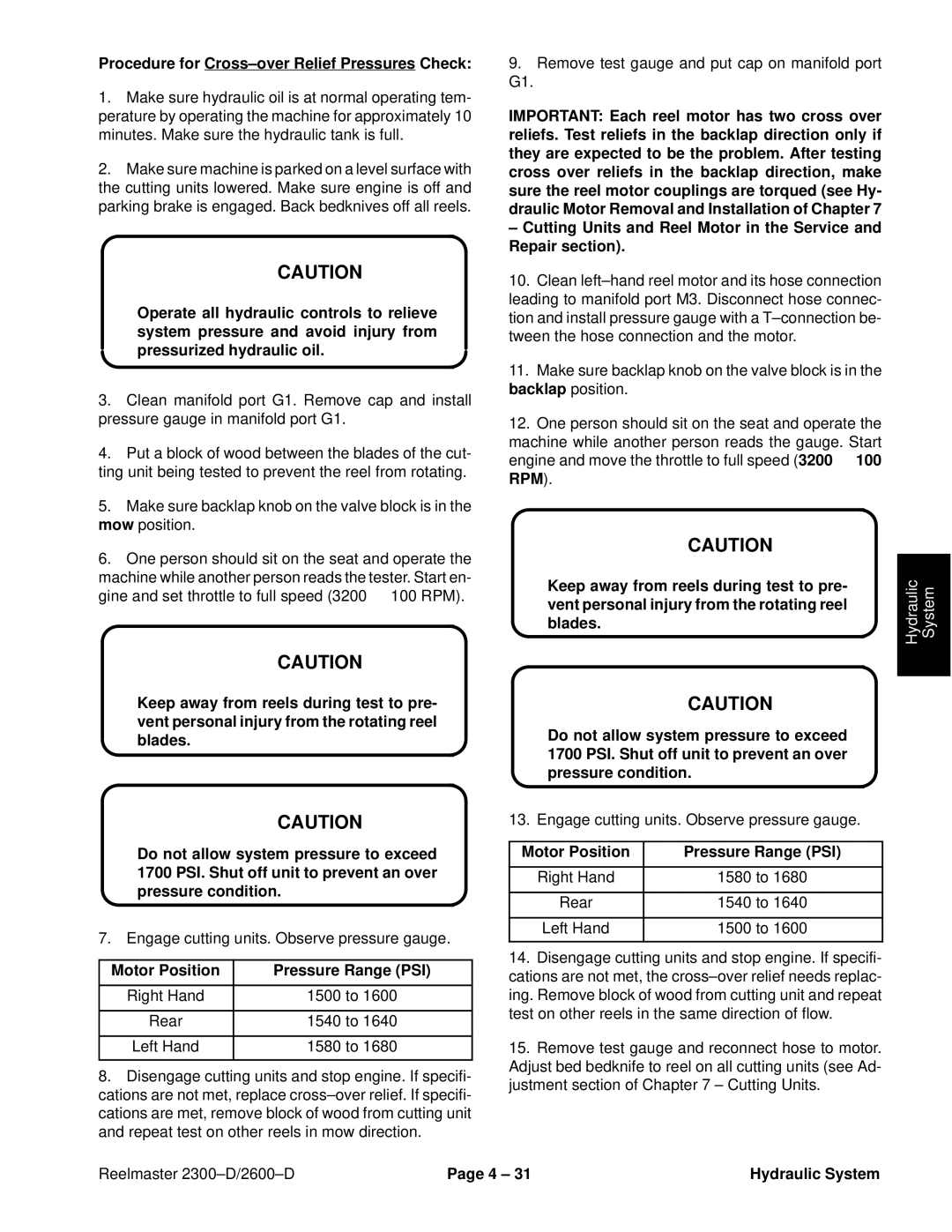 Toro 2600D, 2300-D service manual Procedure for Cross±over Relief Pressures Check, Motor Position Pressure Range PSI 