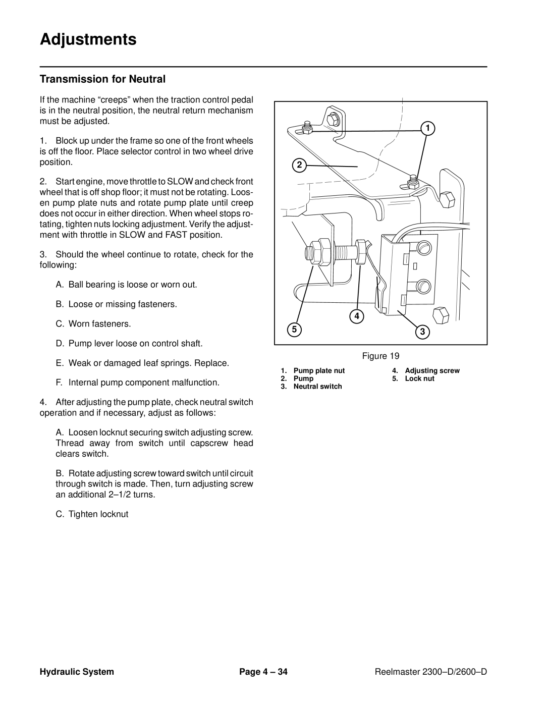 Toro 2300-D, 2600D service manual Adjustments, Transmission for Neutral 