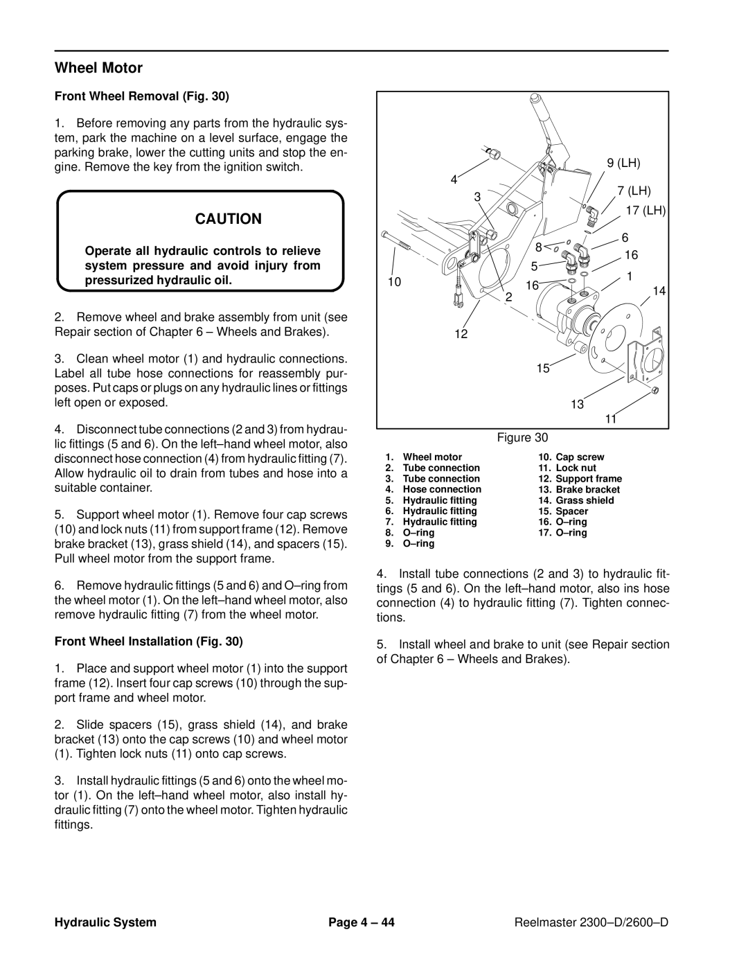 Toro 2300-D, 2600D service manual Wheel Motor, Front Wheel Removal Fig, Front Wheel Installation Fig 