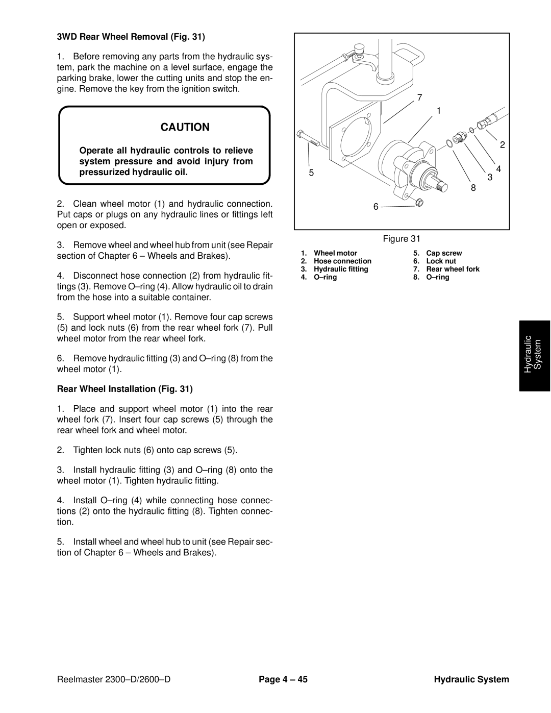 Toro 2600D, 2300-D service manual 3WD Rear Wheel Removal Fig, Rear Wheel Installation Fig 