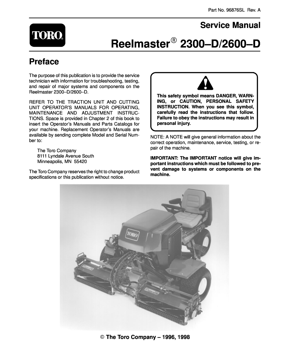 Toro 2600D, 2300-D service manual Reelmaster 2300±D/2600±D, Service Manual, Preface,  The Toro Company ± 1996 