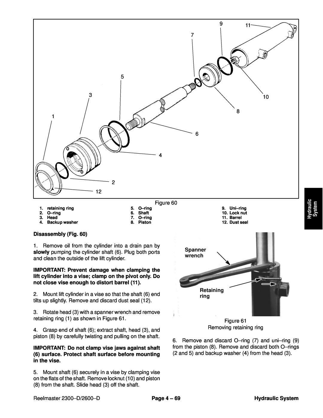 Toro 2600D Disassembly Fig, IMPORTANT Do not clamp vise jaws against shaft, Spanner wrench Retaining ring, Page 4 ± 