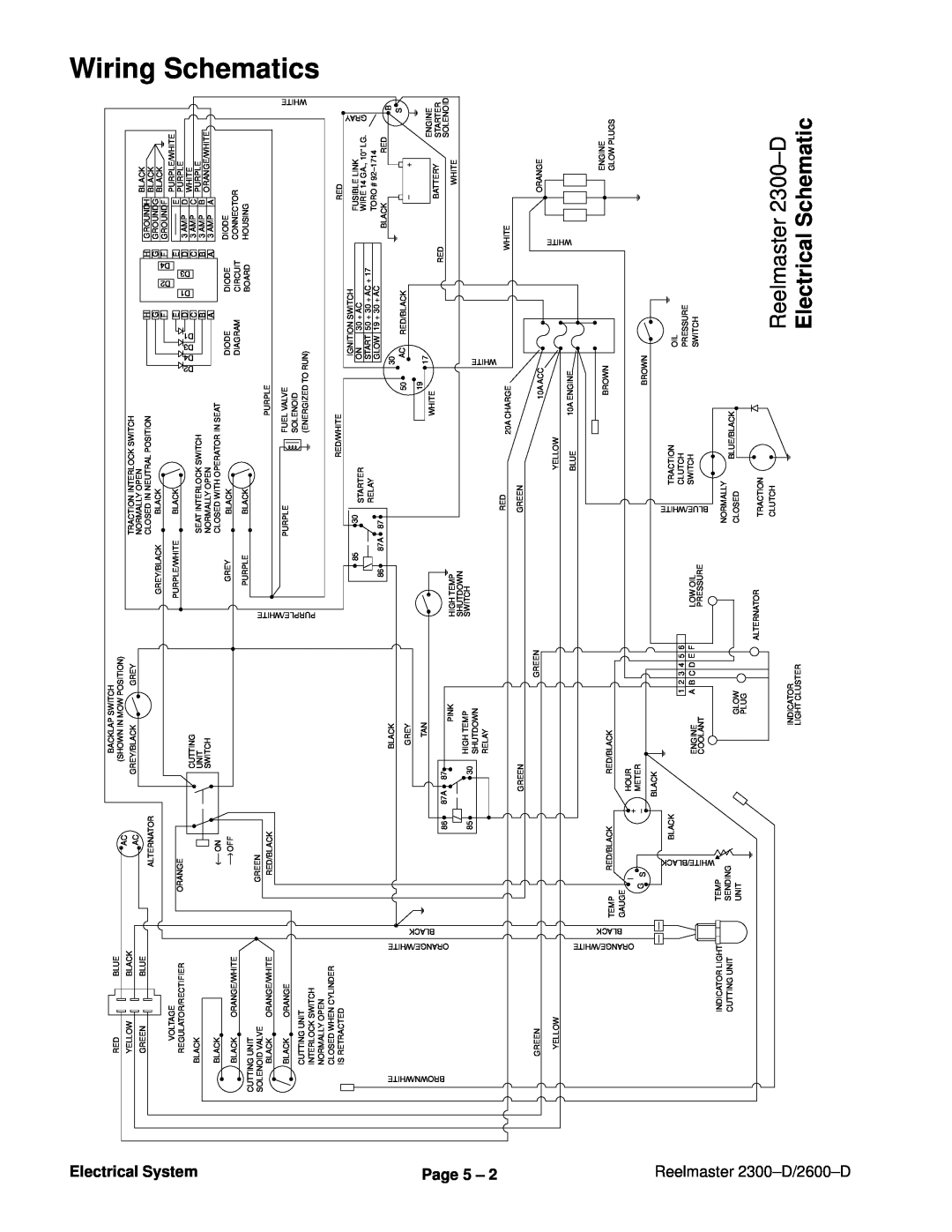 Toro 2300-D, 2600D service manual Wiring Schematics, Electrical Schematic, Reelmaster 2300±D, Electrical System Page 5 ± 