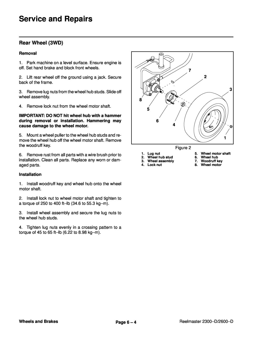 Toro 2300-D, 2600D service manual Rear Wheel 3WD, Service and Repairs, Removal, Installation, Wheels and Brakes, Page 6 ± 