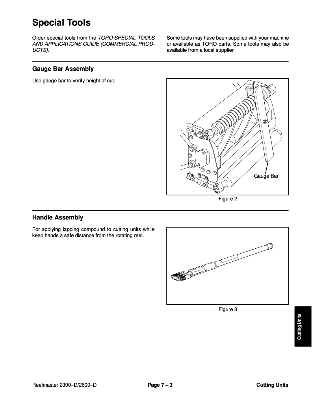 Toro 2600D, 2300-D Gauge Bar Assembly, Handle Assembly, Special Tools, Reelmaster 2300±D/2600±D, Page 7 ±, Cutting Units 