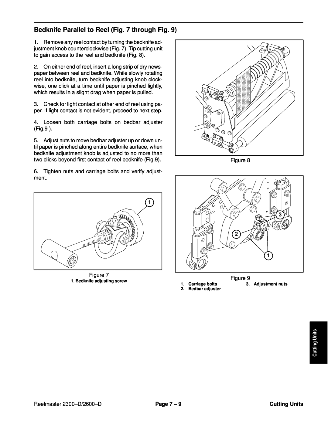 Toro 2600D, 2300-D service manual Bedknife Parallel to Reel through Fig, Cutting Units, Reelmaster 2300±D/2600±D, Page 7 ± 