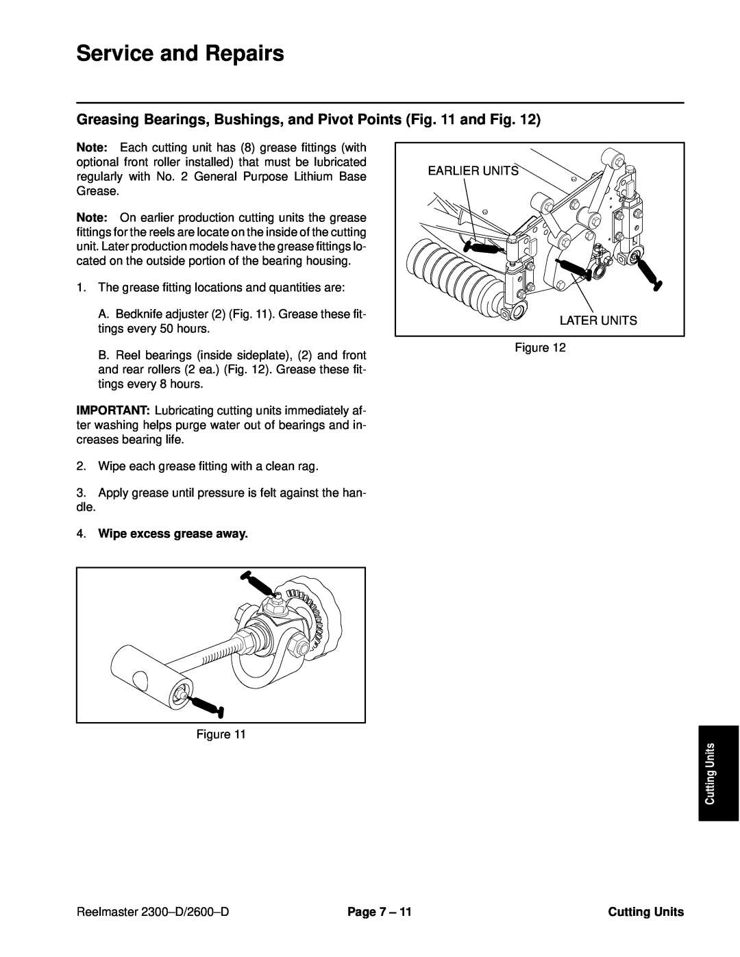 Toro 2600D Greasing Bearings, Bushings, and Pivot Points and Fig, Service and Repairs, Wipe excess grease away, Page 7 ± 