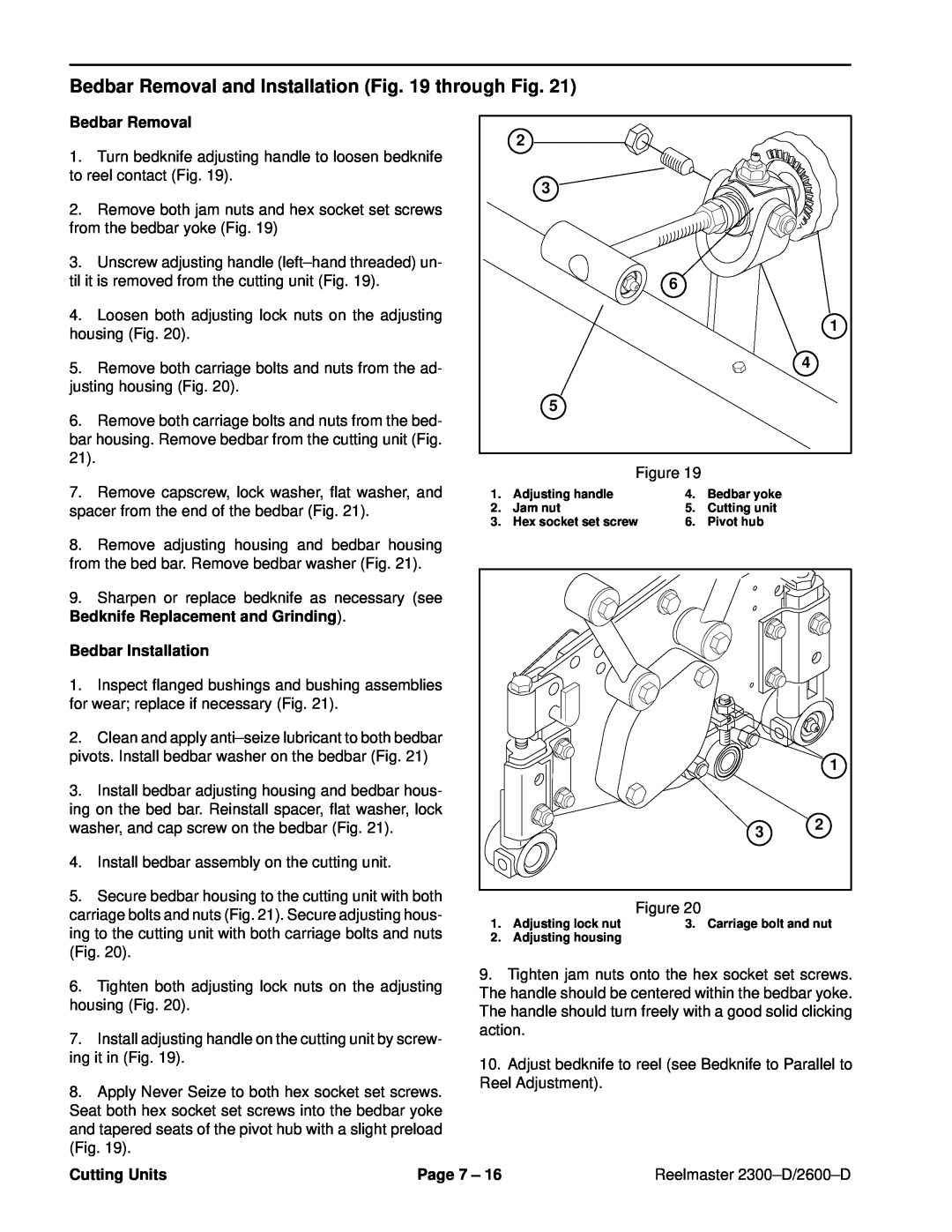 Toro 2300-D, 2600D service manual Bedbar Removal and Installation through Fig, Bedbar Installation, Cutting Units, Page 7 ± 