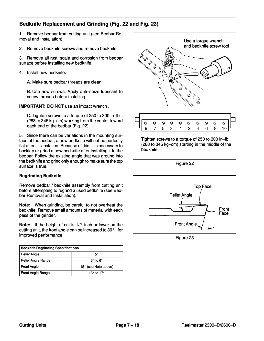 Toro 2300-D, 2600D service manual Bedknife Replacement and Grinding and Fig, Regrinding Bedknife, Cutting Units, Page 7 ± 