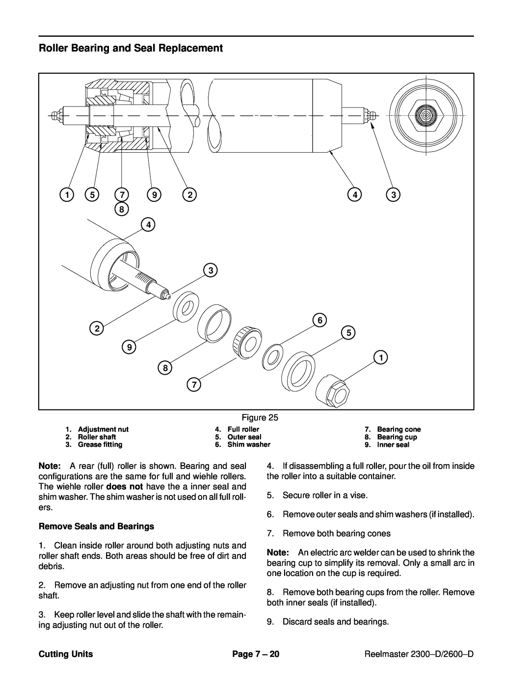 Toro 2300-D, 2600D service manual Roller Bearing and Seal Replacement, Remove Seals and Bearings, Cutting Units, Page 7 ± 