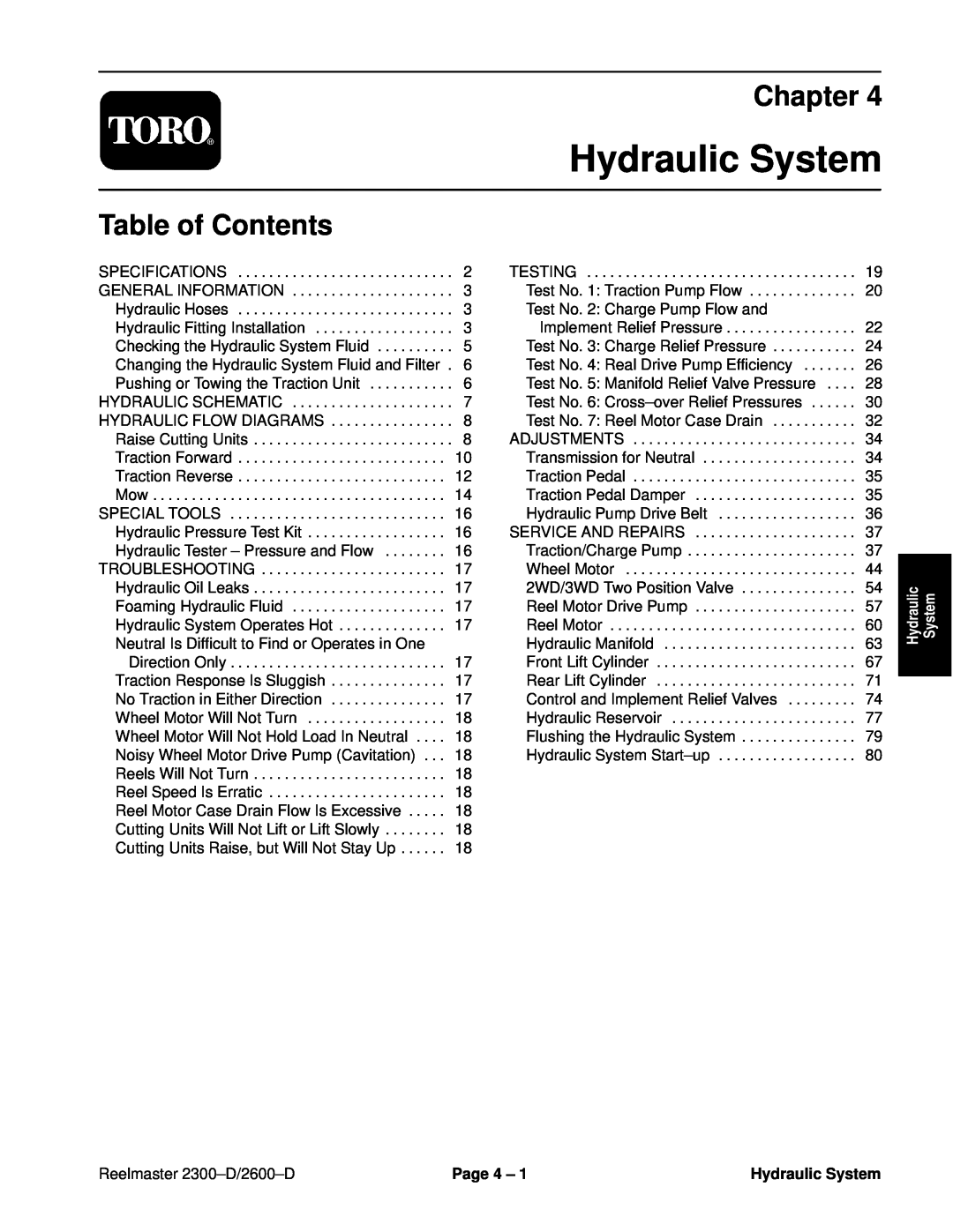 Toro 2600D, 2300-D service manual Hydraulic System, Chapter, Table of Contents, Reelmaster 2300±D/2600±D, Page 4 ± 