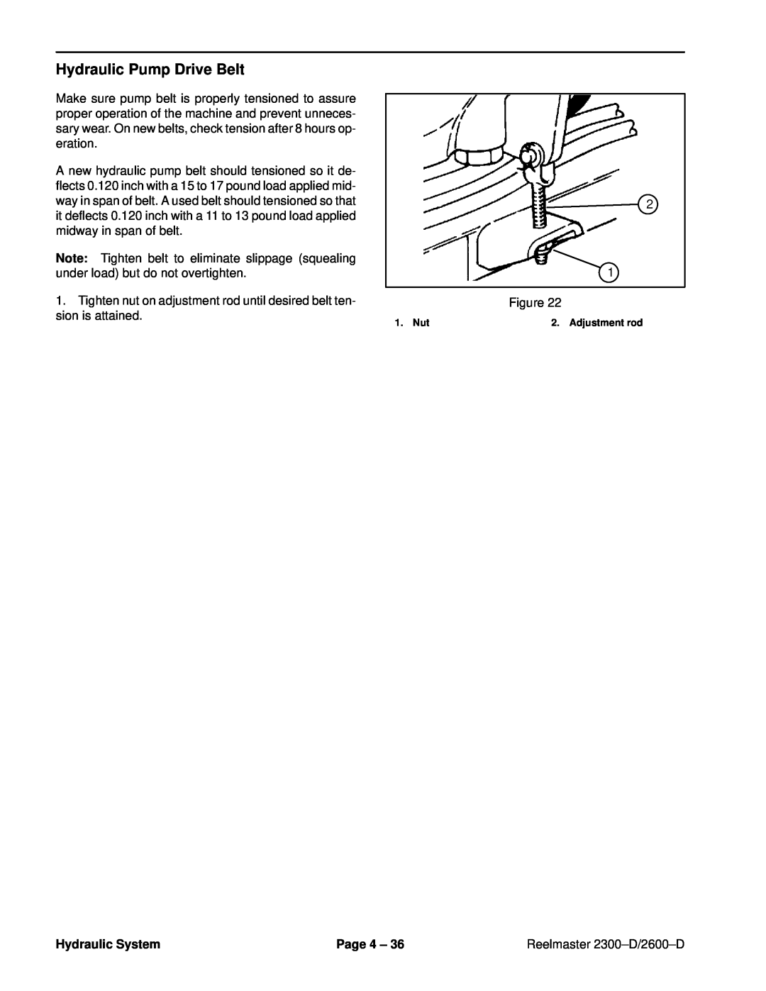 Toro 2300-D, 2600D service manual Hydraulic Pump Drive Belt, Hydraulic System, Page 4 ±, Reelmaster 2300±D/2600±D, Nut 