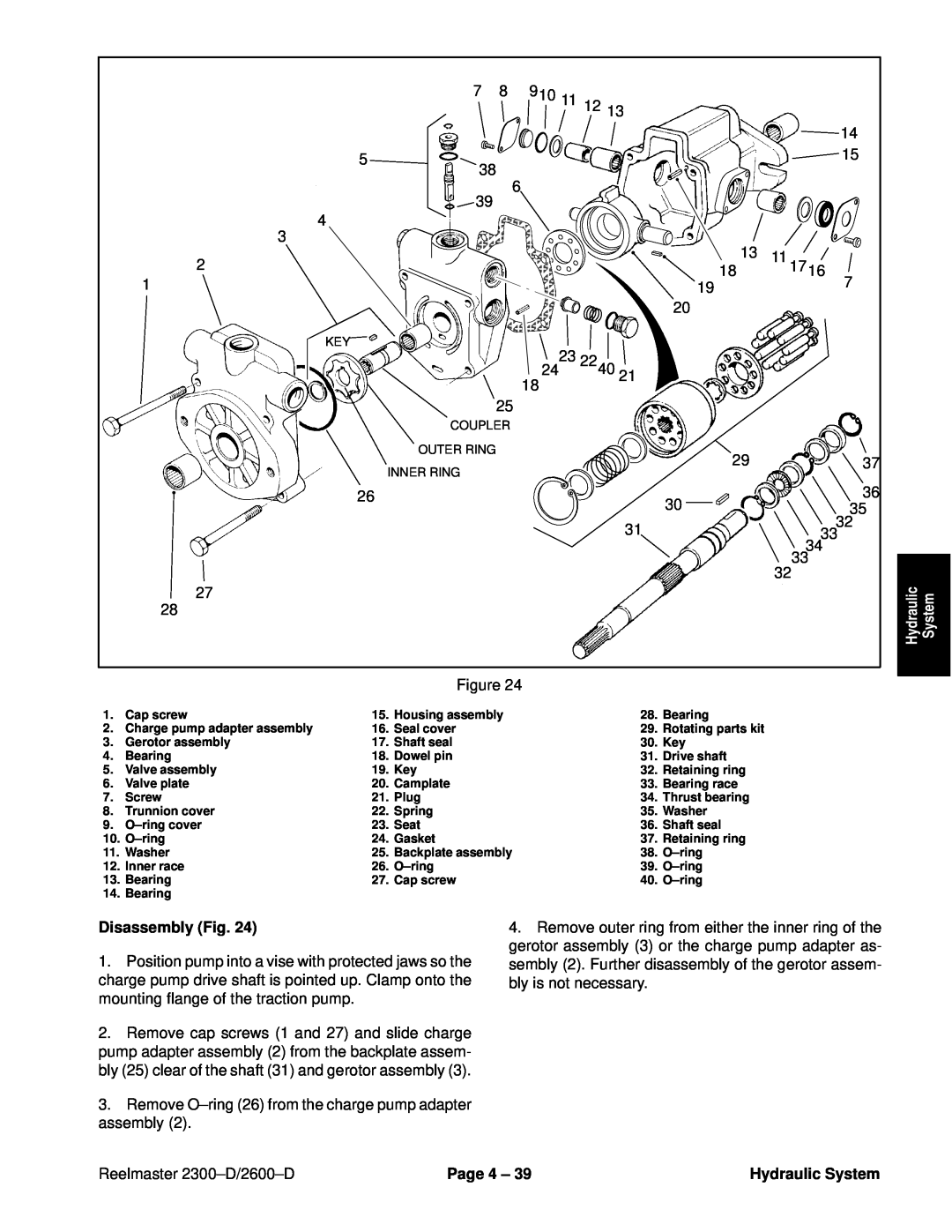 Toro 2600D Disassembly Fig, Remove O±ring 26 from the charge pump adapter assembly, Reelmaster 2300±D/2600±D, Page 4 ± 