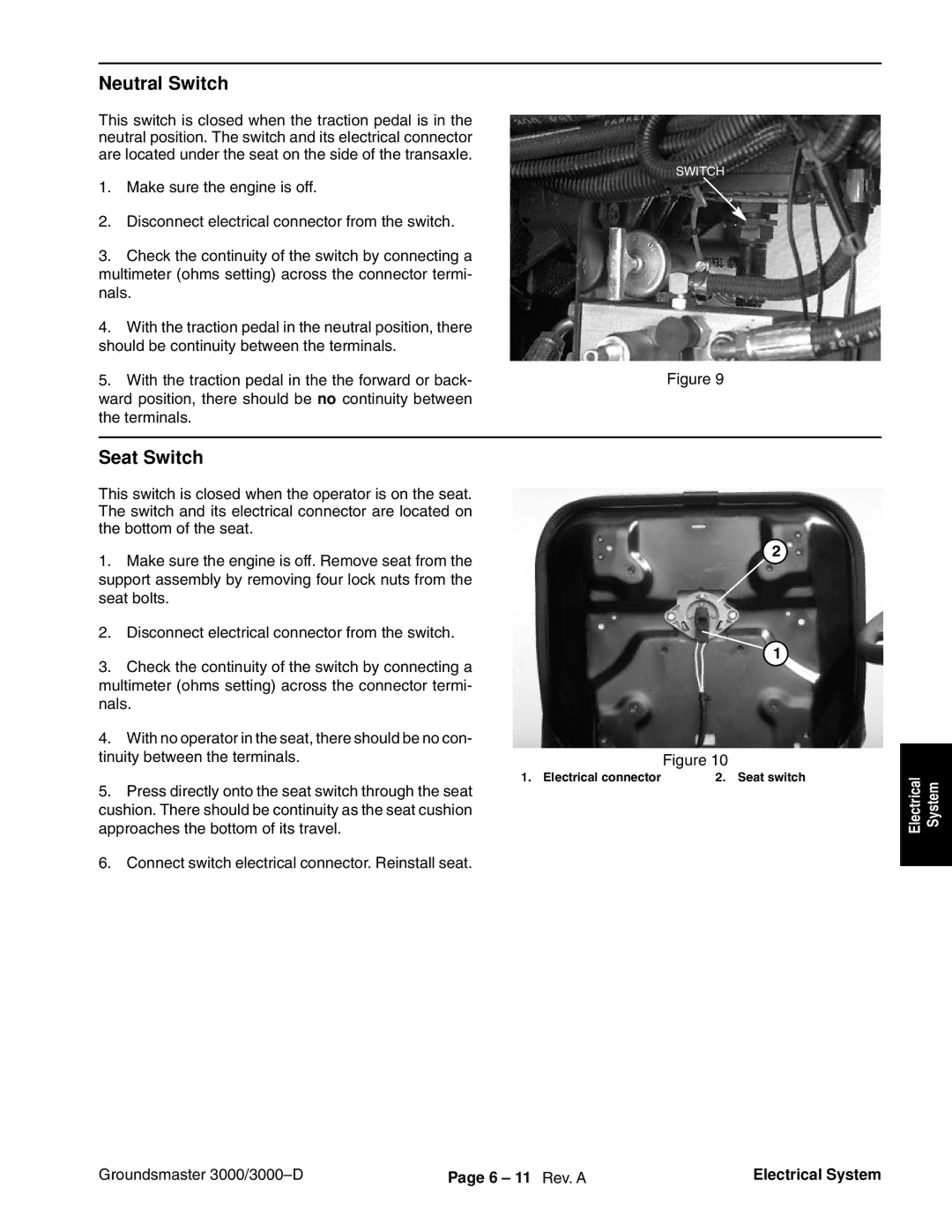 Toro 3000D manual Neutral Switch, Seat Switch, 6 11 Rev. a Electrical System 