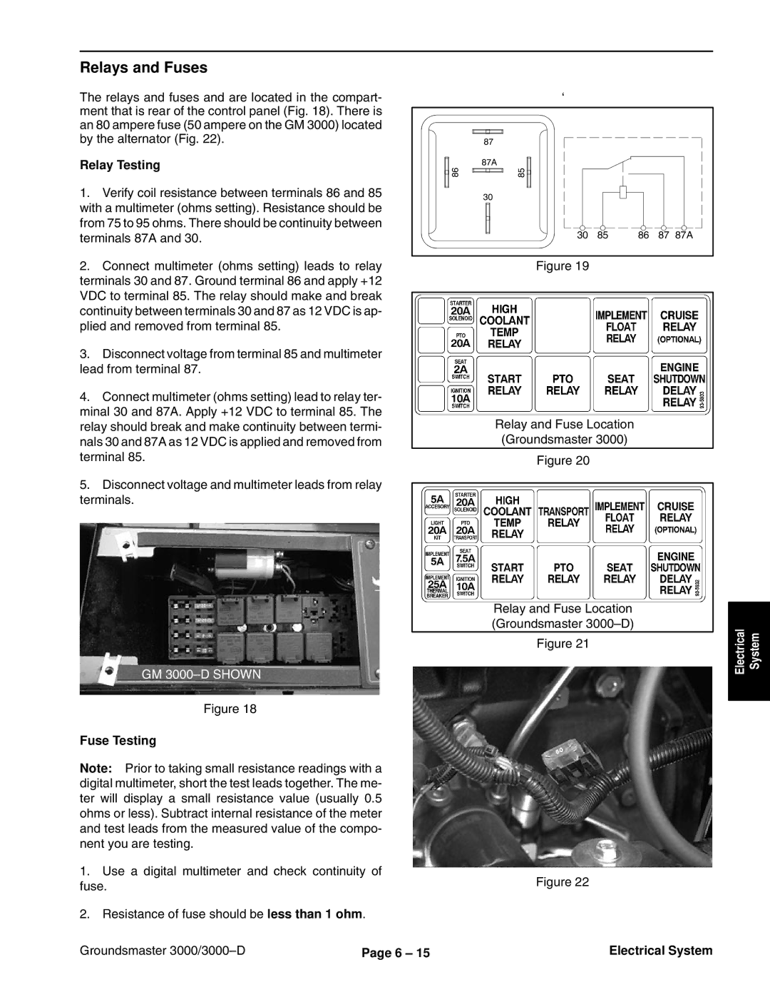 Toro 3000D manual Relays and Fuses, Relay Testing, Fuse Testing 