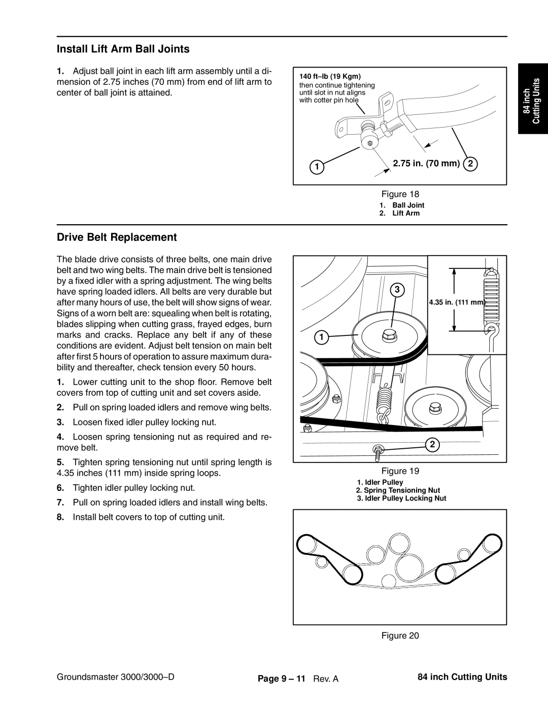 Toro 3000D manual Install Lift Arm Ball Joints, Drive Belt Replacement, 9 11 Rev. a Inch Cutting Units 