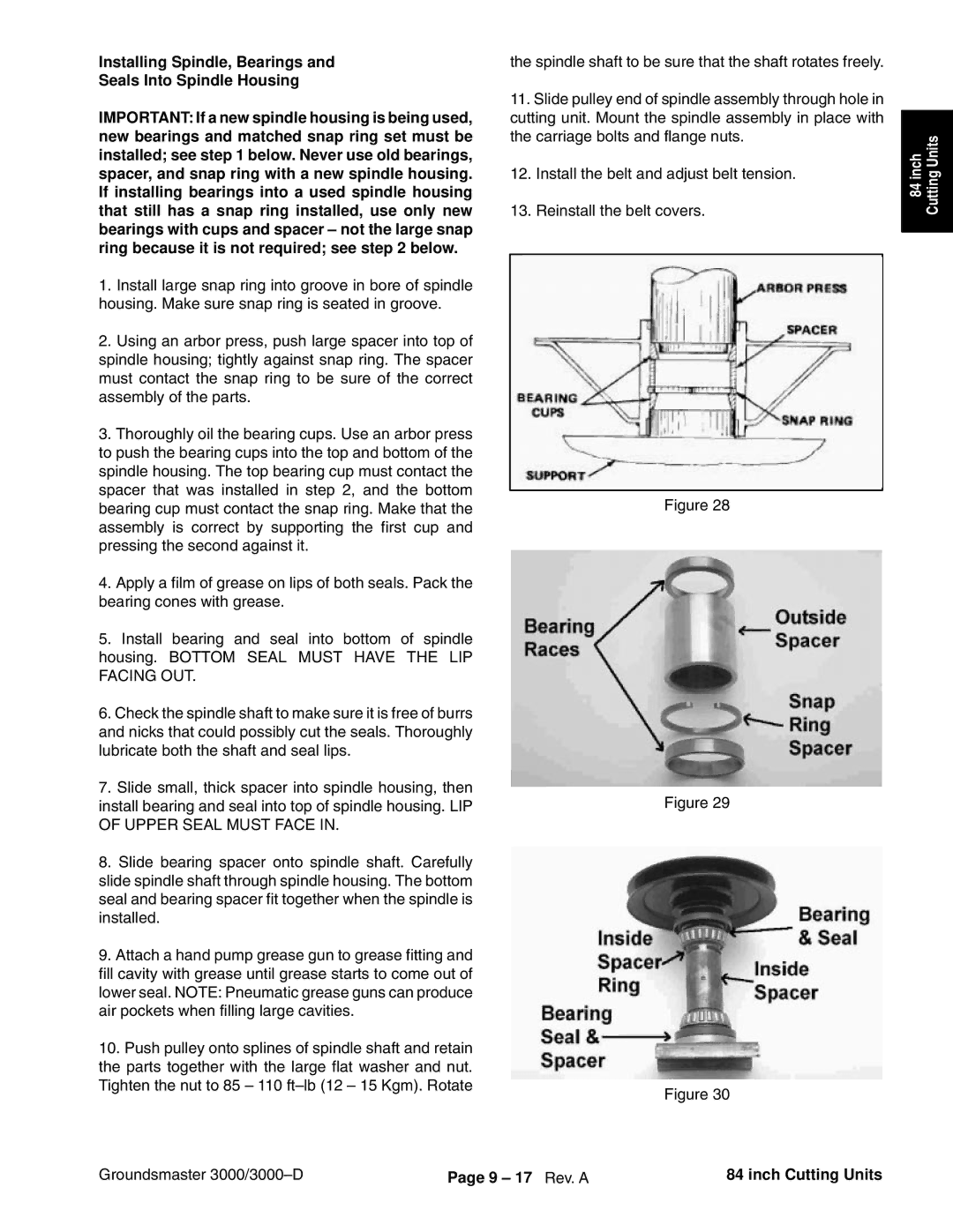 Toro 3000D manual Installing Spindle, Bearings Seals Into Spindle Housing, 9 17 Rev. a Inch Cutting Units 