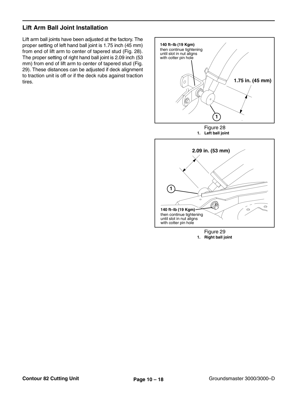 Toro 3000D manual Lift Arm Ball Joint Installation, Contour 82 Cutting Unit Groundsmaster 3000/3000-D 