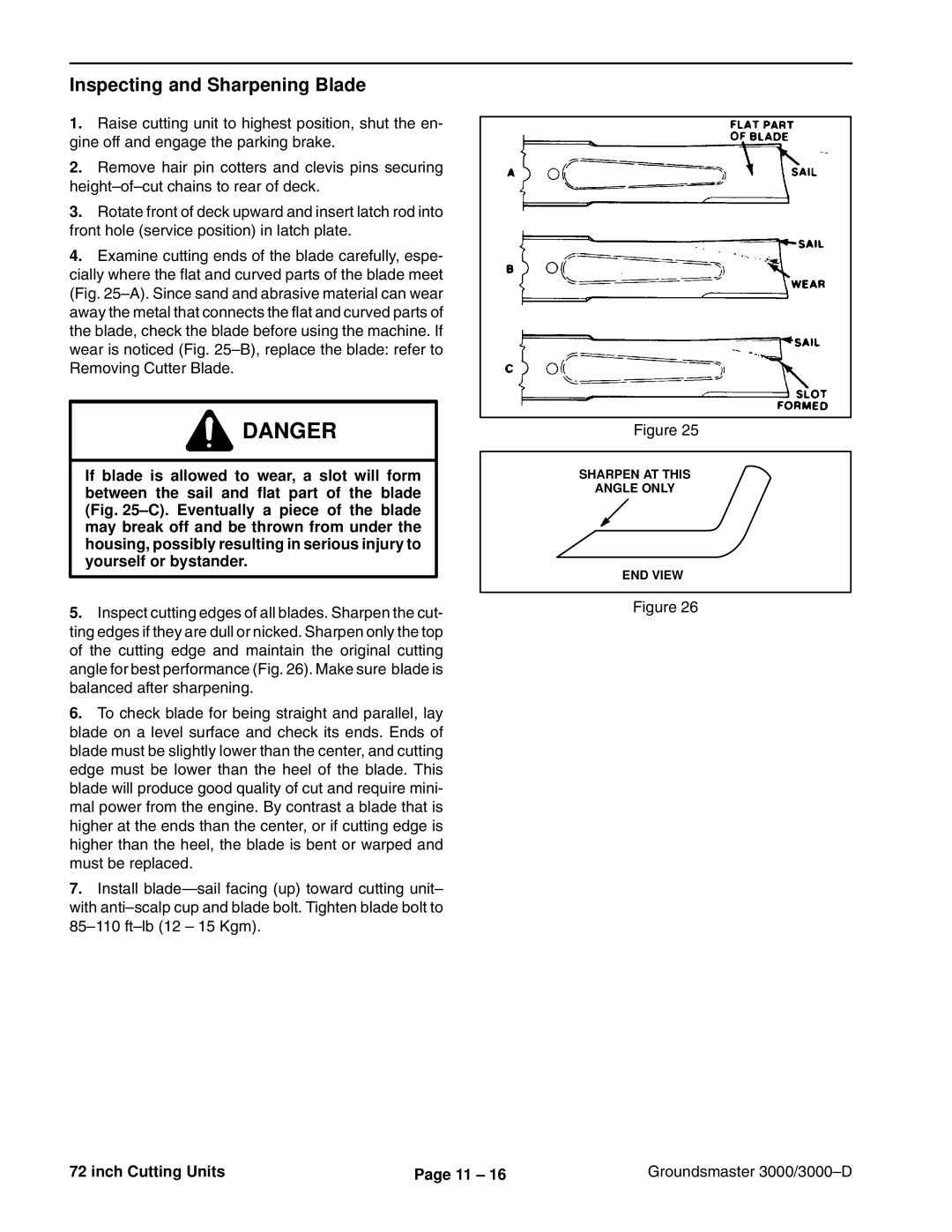 Toro 3000D manual Inspecting and Sharpening Blade 