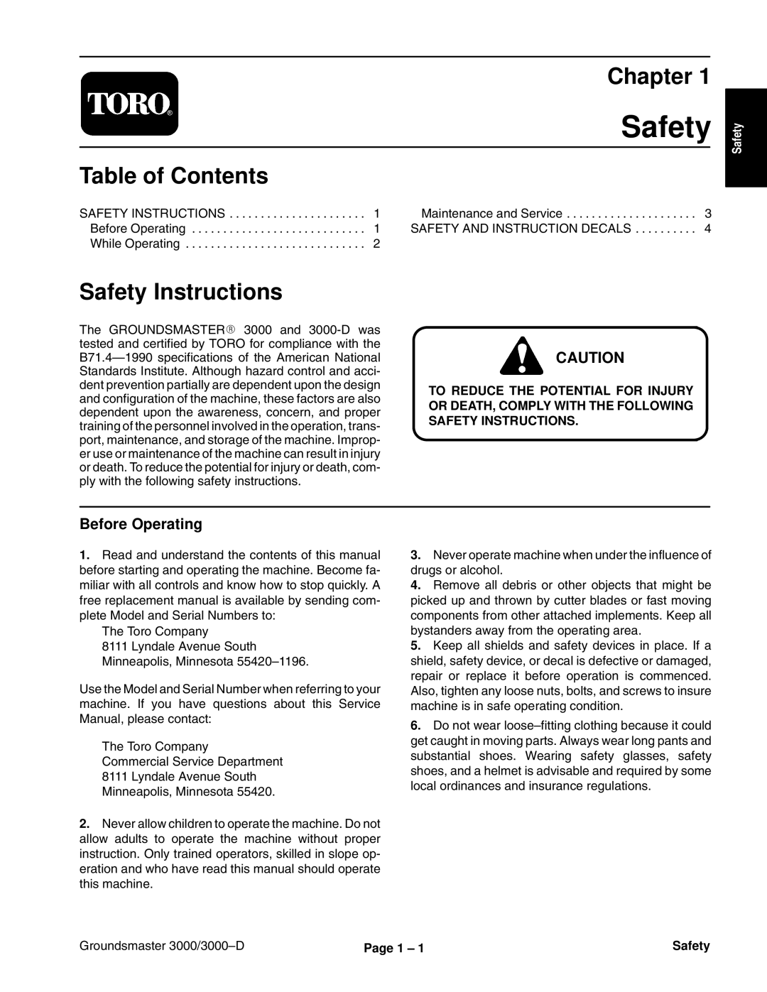 Toro 3000D manual Chapter, Safety Instructions, Before Operating 