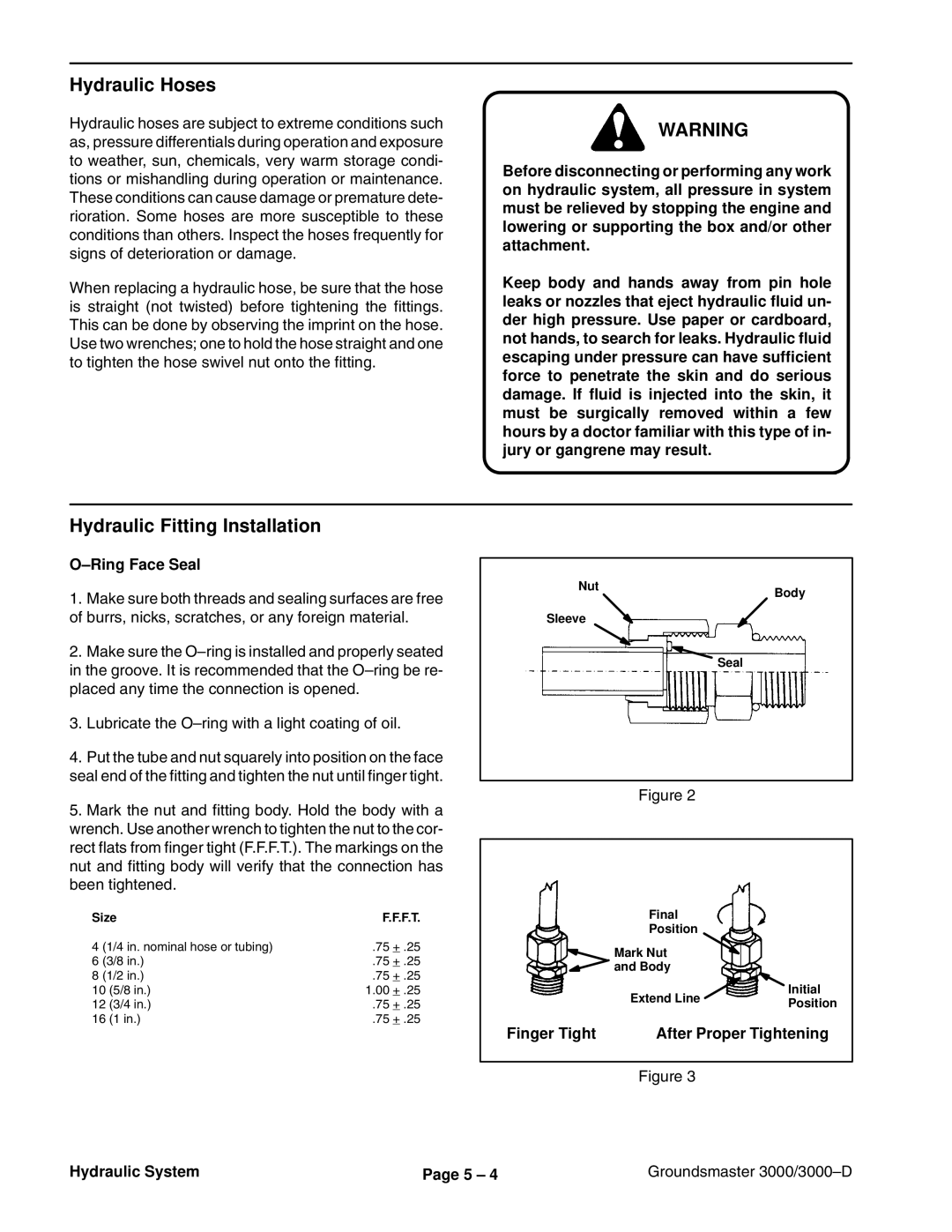 Toro 3000D manual Hydraulic Hoses, Hydraulic Fitting Installation, Ring Face Seal 