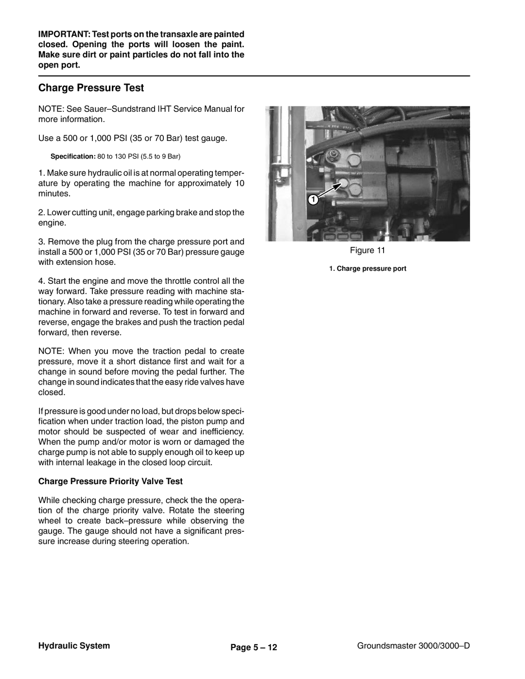 Toro 3000D manual Charge Pressure Test, Charge Pressure Priority Valve Test 