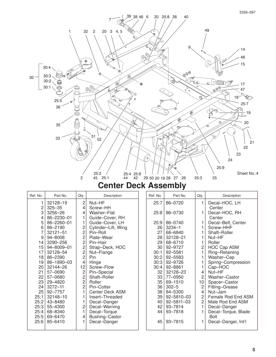 Toro 30402210000001 and Up manual Center Deck Assembly 