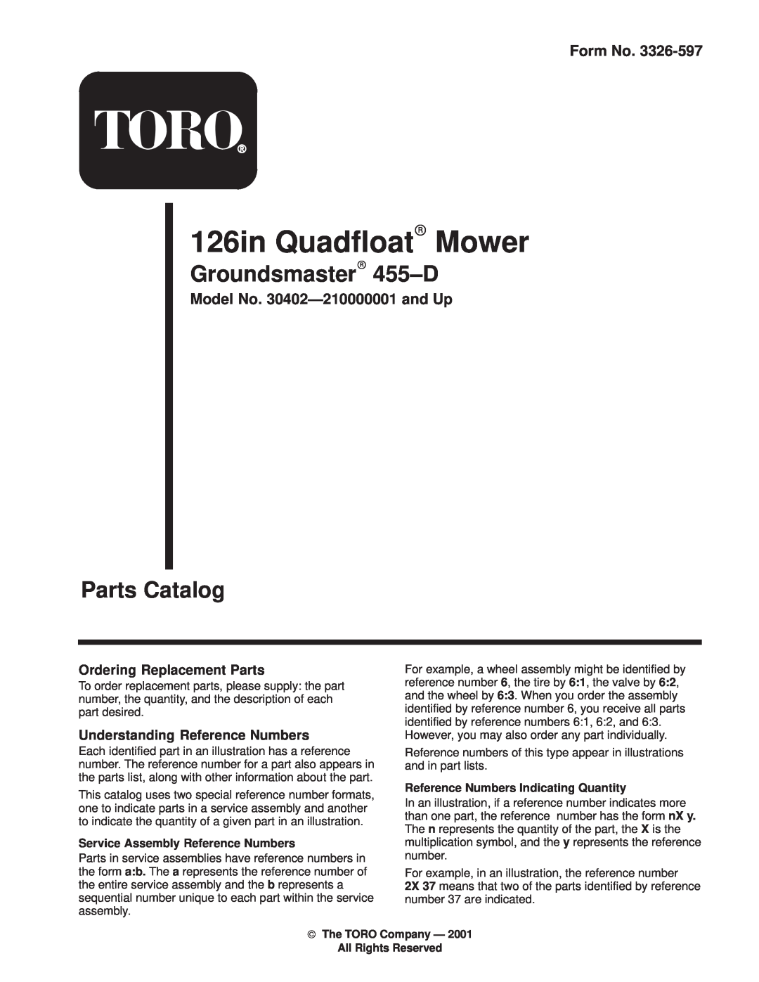 Toro 30402210000001 and Up manual Groundsmaster 455±D, Parts Catalog, Service Assembly Reference Numbers, Form No 