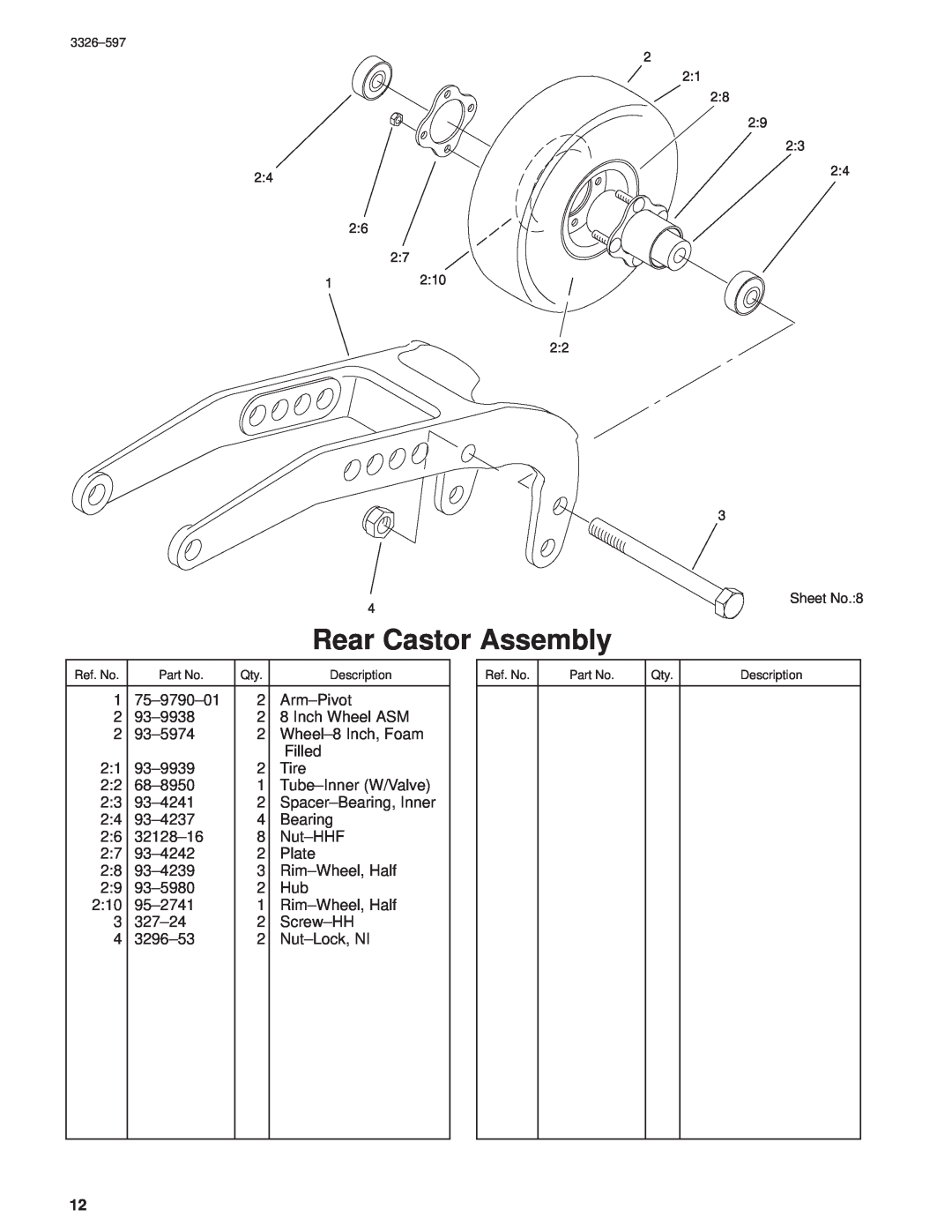 Toro 30402210000001 and Up manual Rear Castor Assembly, Sheet No.8 