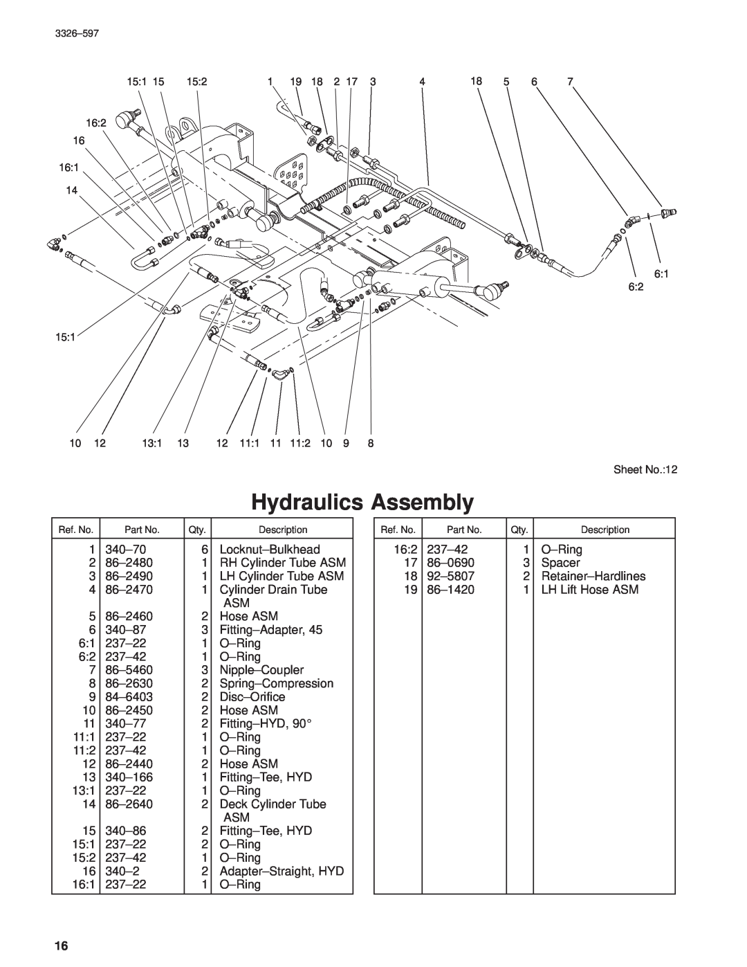 Toro 30402210000001 and Up manual Hydraulics Assembly, Sheet No.12 