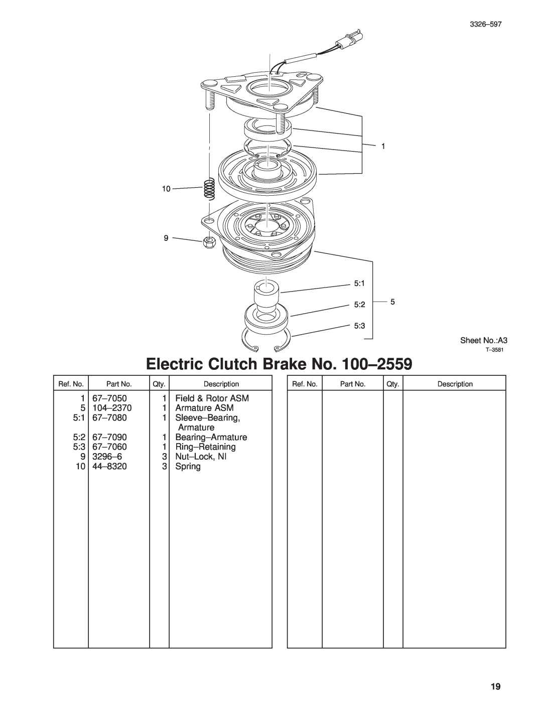 Toro 30402210000001 and Up manual Electric Clutch Brake No. 100±2559, Sheet No.A3 