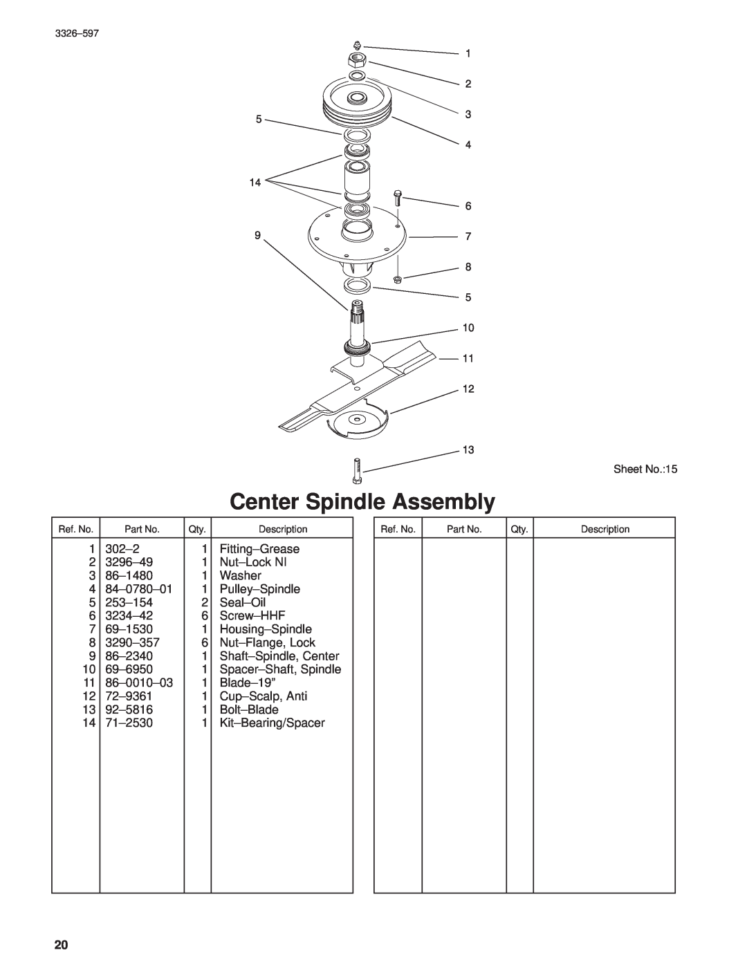Toro 30402210000001 and Up manual Center Spindle Assembly, Sheet No.15 