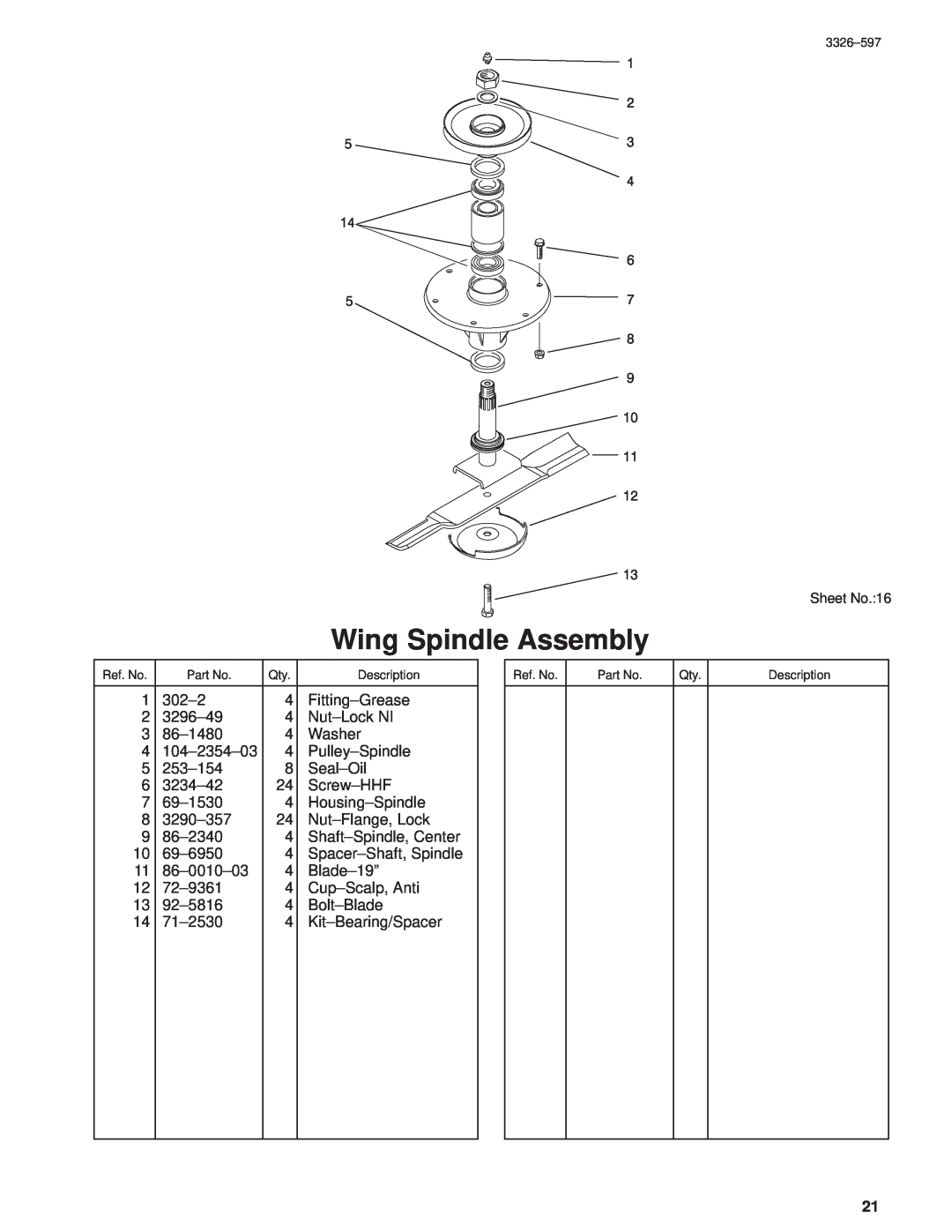 Toro 30402210000001 and Up manual Wing Spindle Assembly, Sheet No.16 