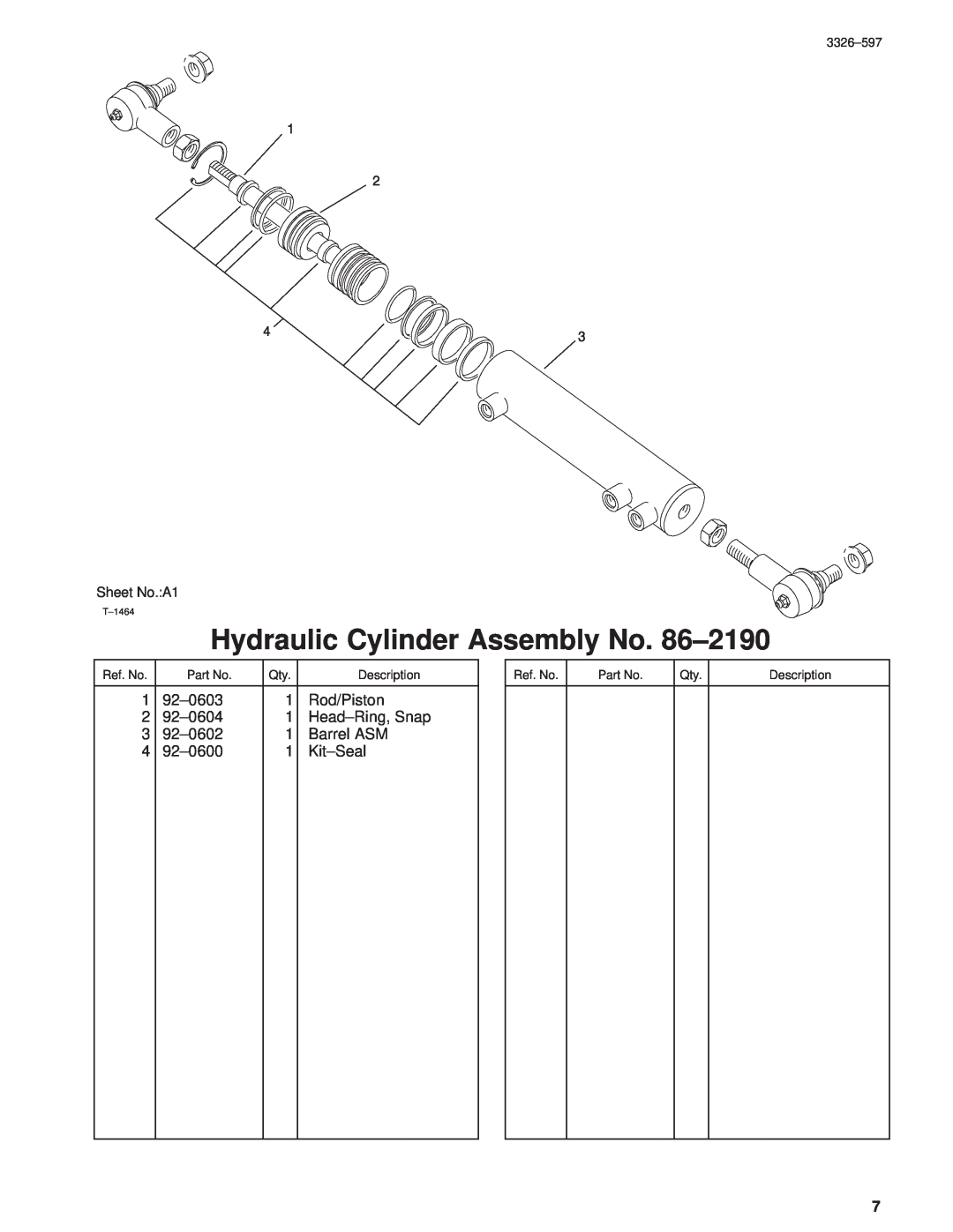 Toro 30402210000001 and Up manual Hydraulic Cylinder Assembly No. 86±2190, 3326±597, Ref. No, Description, T±1464 