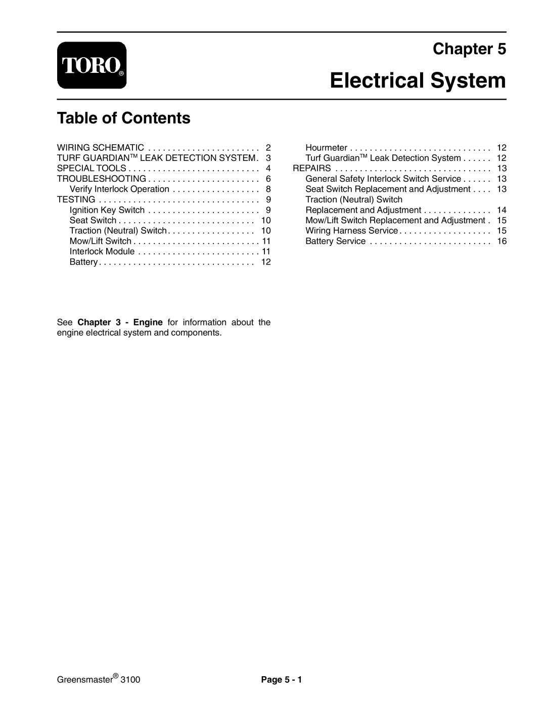 Toro 3100 manual Electrical System 