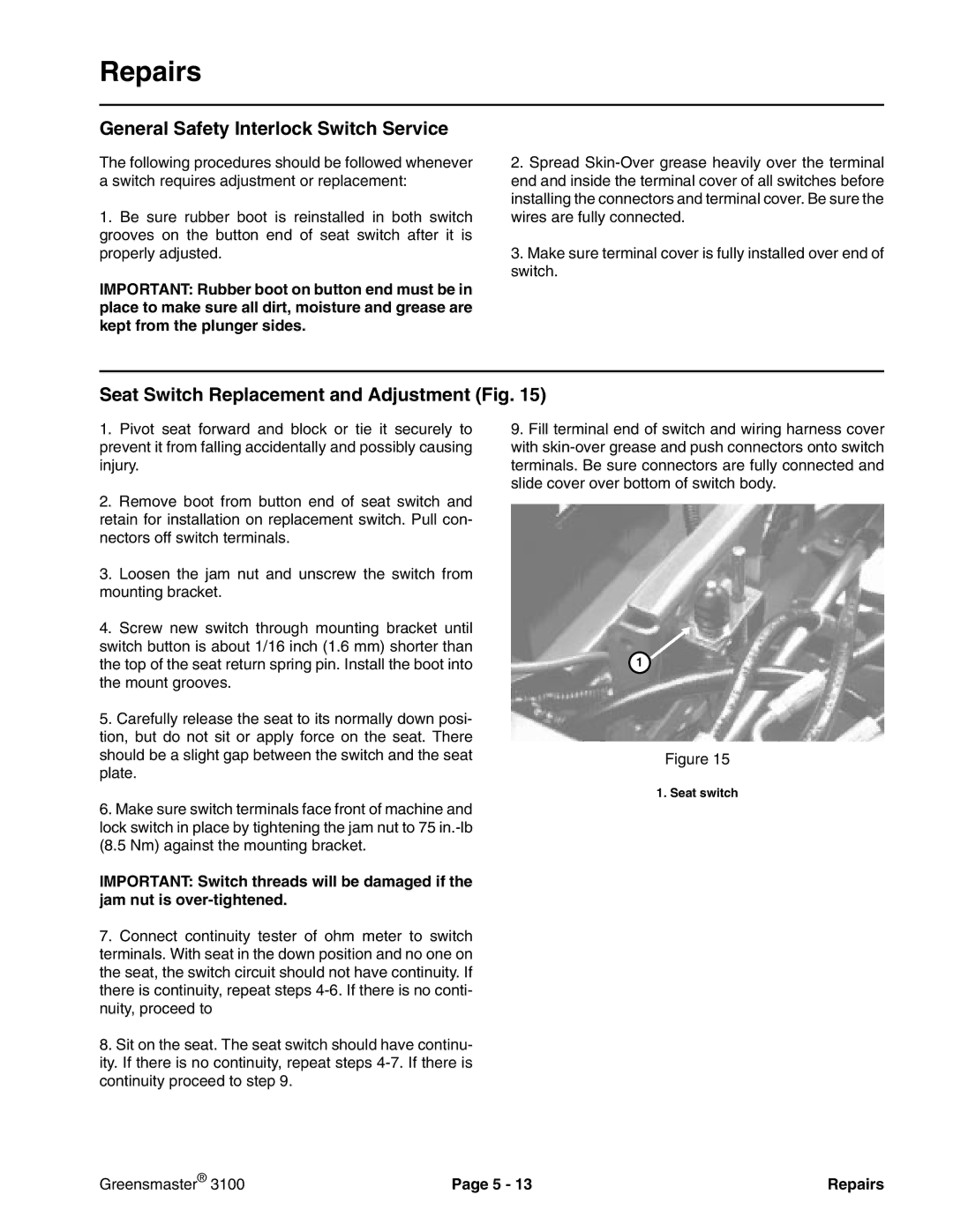 Toro 3100 manual General Safety Interlock Switch Service, Seat Switch Replacement and Adjustment Fig 