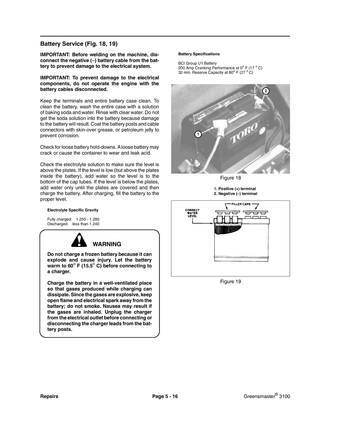 Toro 3100 manual Battery Service, Battery Specifications 