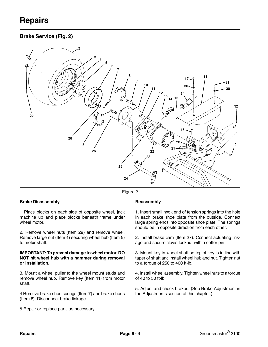 Toro 3100 manual Brake Service Fig, Brake Disassembly Reassembly 