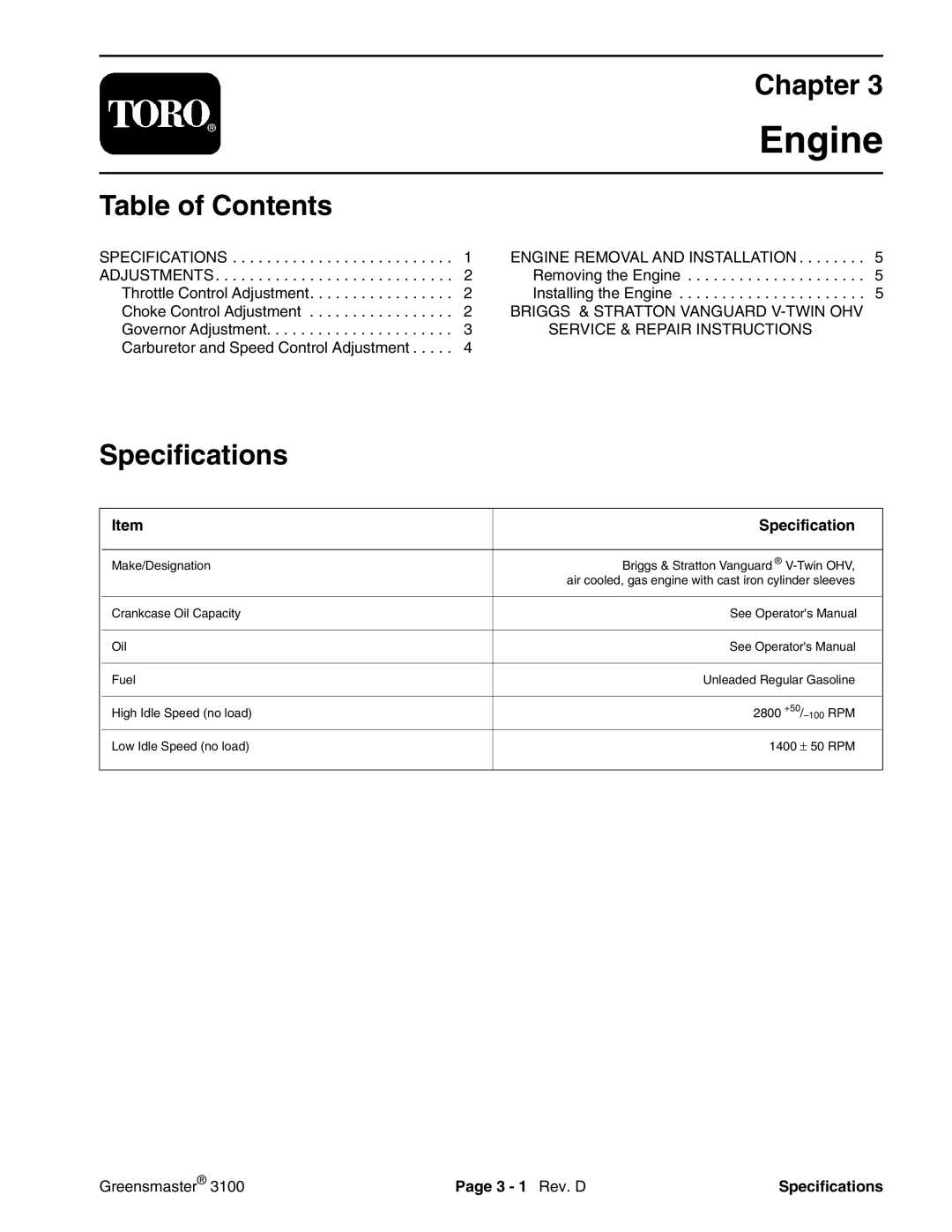 Toro 3100 manual 3 1 Rev. D Specifications 