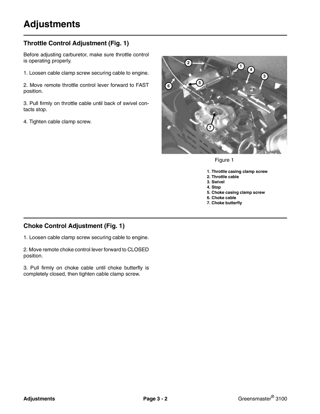 Toro 3100 manual Throttle Control Adjustment Fig, Choke Control Adjustment Fig, Adjustments Greensmaster 