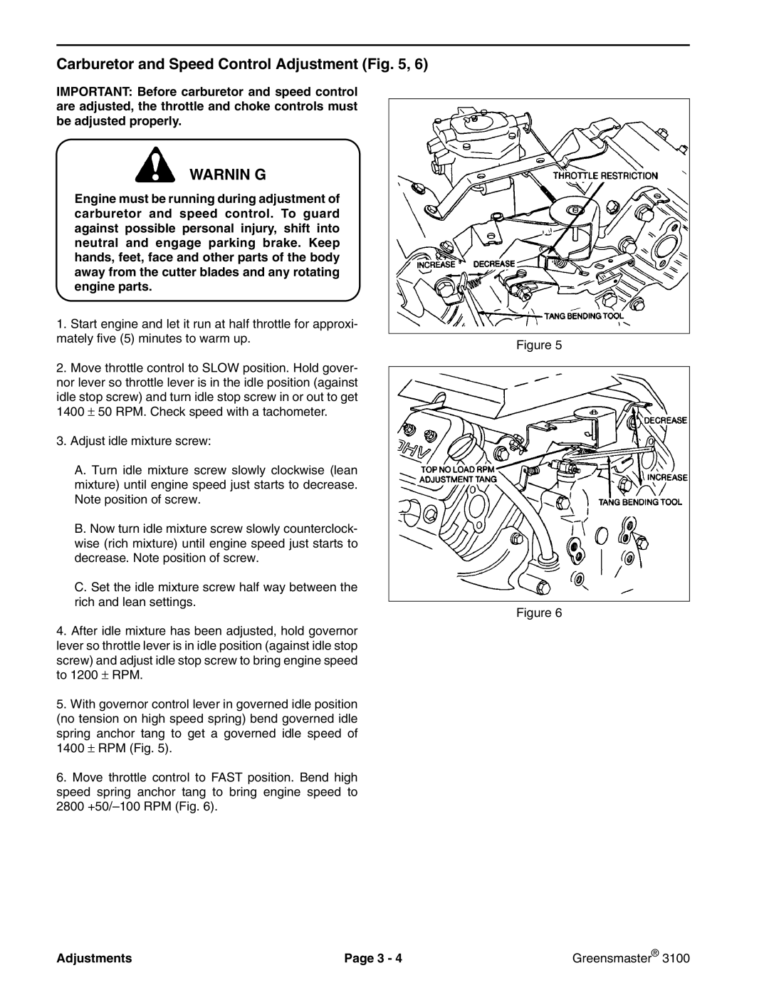 Toro 3100 manual Carburetor and Speed Control Adjustment, Warnin G 