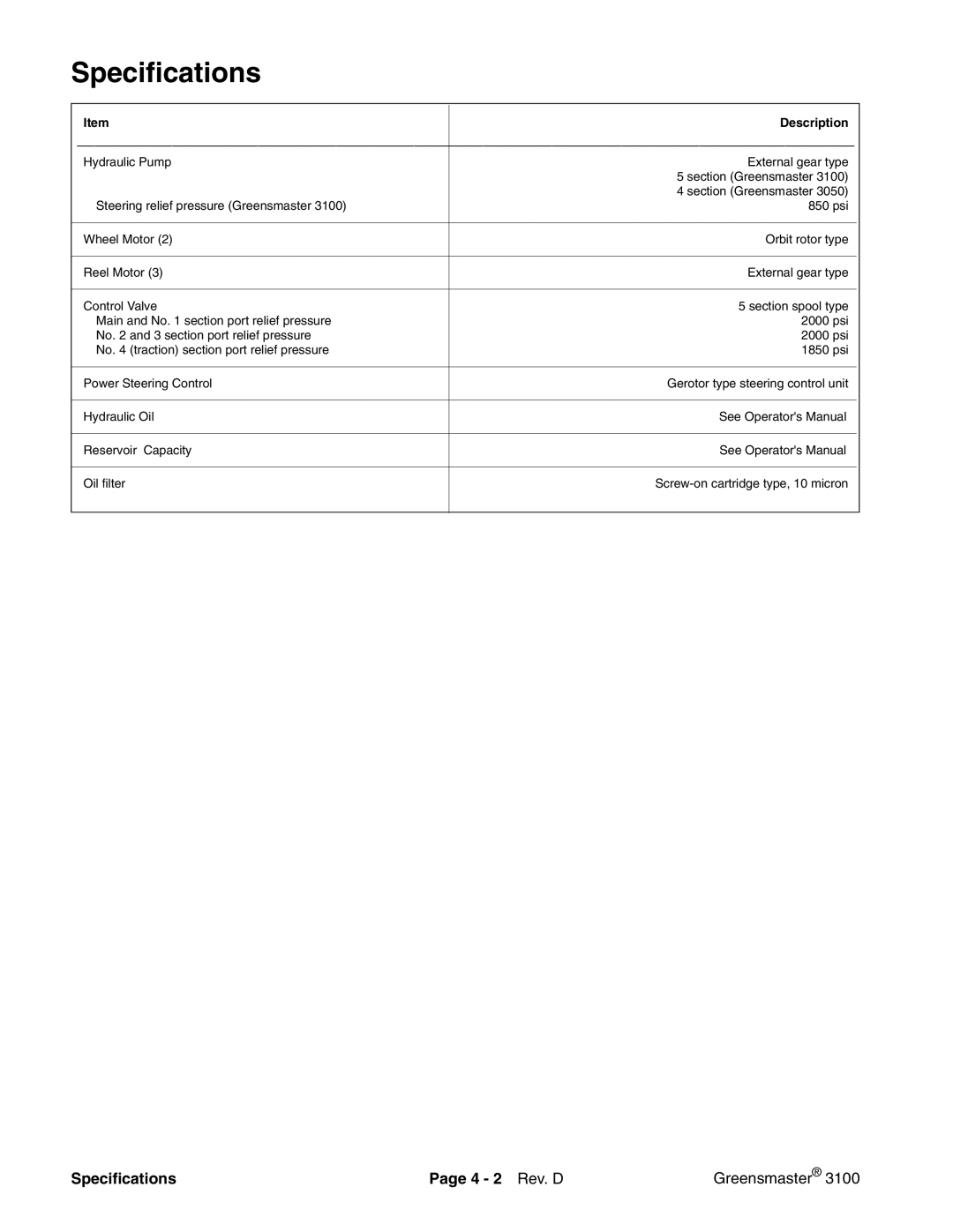 Toro 3100 manual Specifications 4 2 Rev. D, Description 