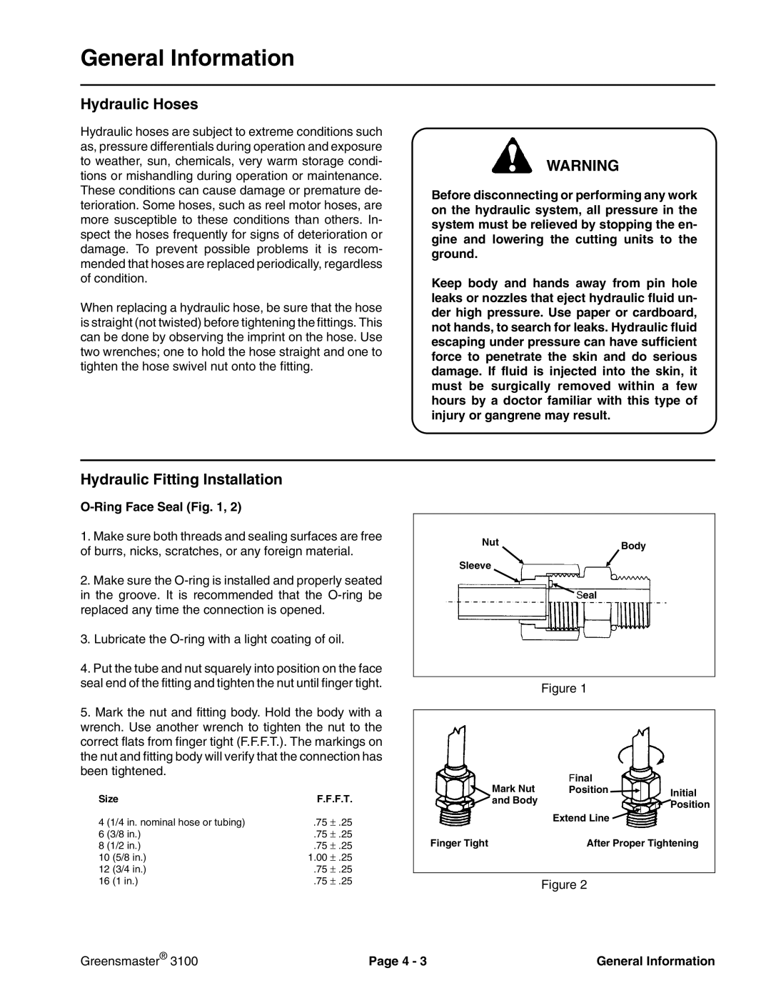 Toro 3100 manual General Information, Hydraulic Hoses, Hydraulic Fitting Installation, Ring Face Seal 