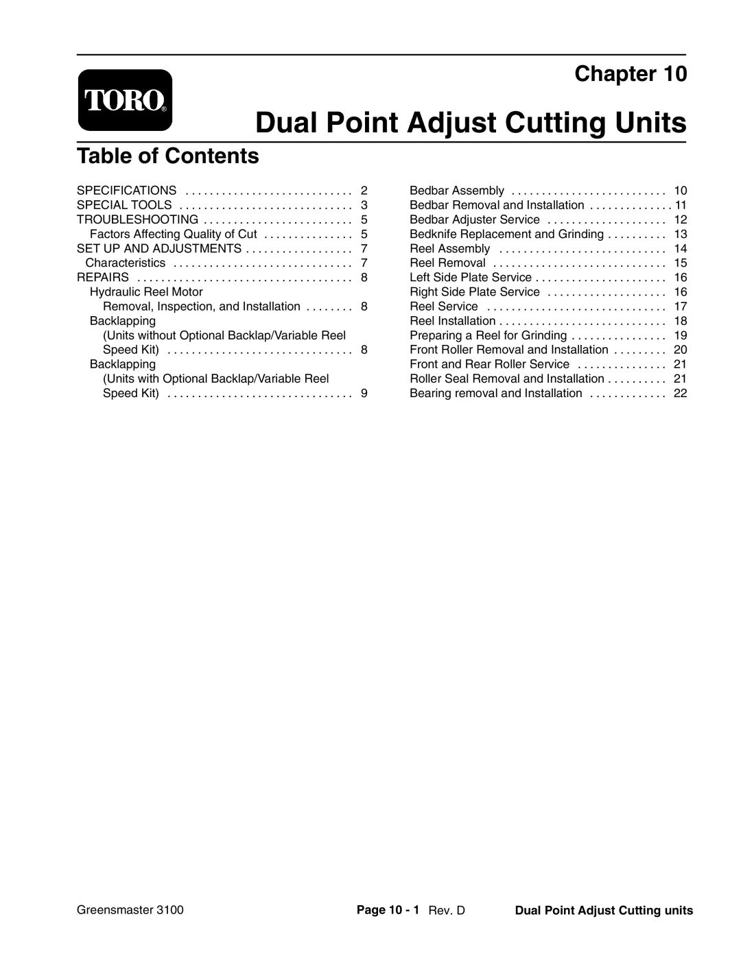 Toro 3100 manual Dual Point Adjust Cutting Units, 10 1 Rev. D Dual Point Adjust Cutting units 