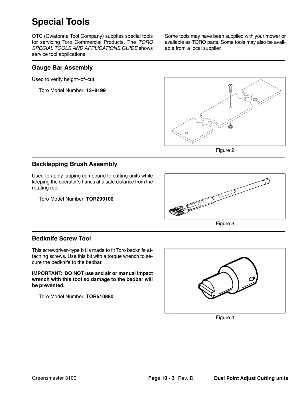 Toro 3100 Gauge Bar Assembly, Backlapping Brush Assembly, Bedknife Screw Tool, 10 3 Rev. D Dual Point Adjust Cutting units 